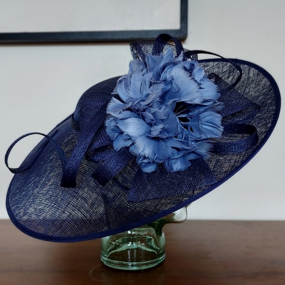 Navy Floral Feather Sinamay Disc Hat